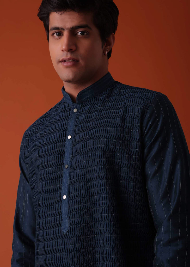 Mid Night Blue Kurta Set In Art Silk With Heavy Pleating