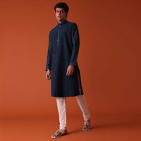 Mid Night Blue Kurta Set In Art Silk With Heavy Pleating