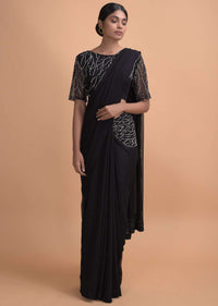 Midnight Black Saree In Georgette With Pleated Frill And Embroidery On The Border Online - Kalki Online