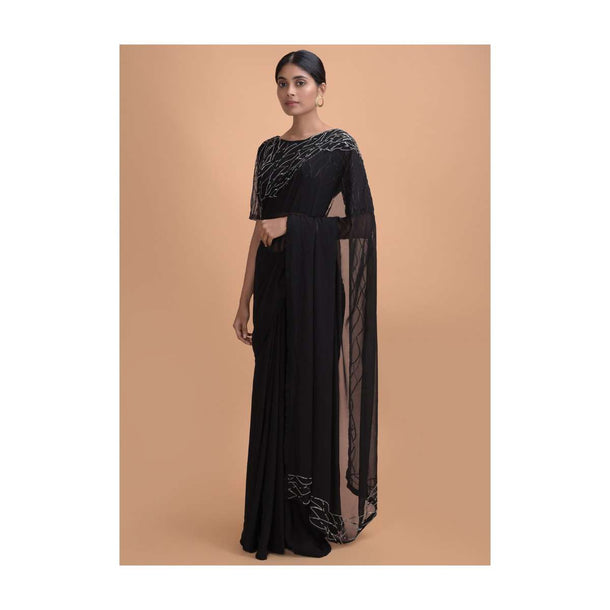 Midnight Black Saree In Georgette With Pleated Frill And Embroidery On The Border Online - Kalki Online