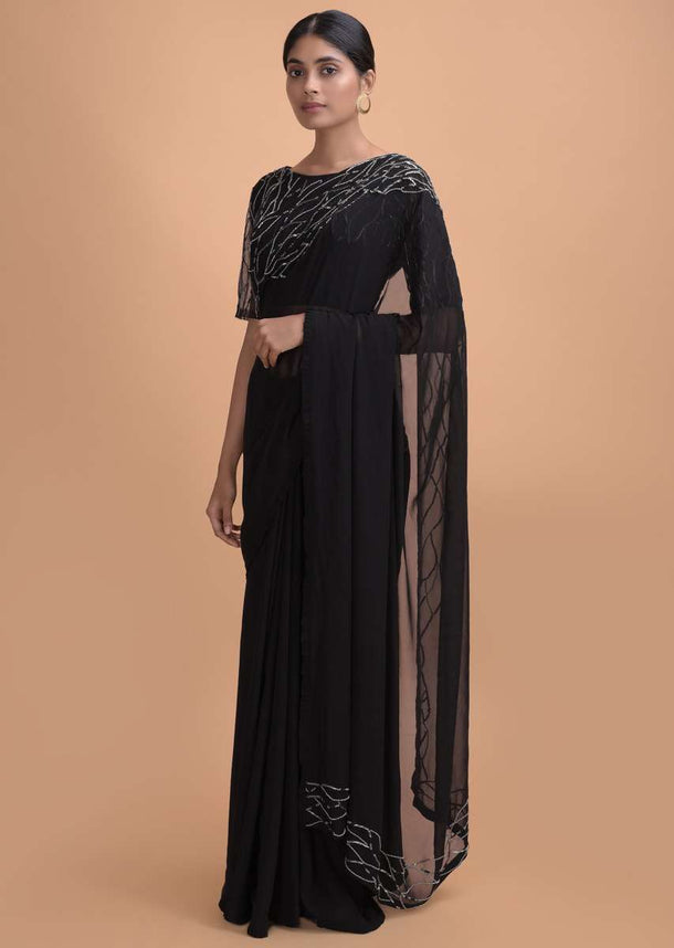 Midnight Black Saree In Georgette With Pleated Frill And Embroidery On The Border Online - Kalki Online