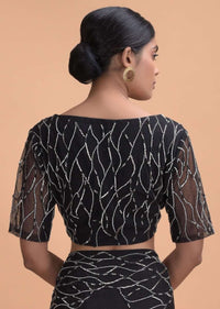 Midnight Black Saree In Georgette With Pleated Frill And Embroidery On The Border Online - Kalki Online