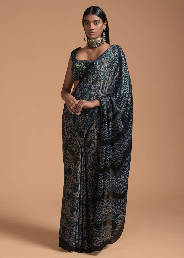 Midnight Blue And Beige Saree In Georgette With Paisley Print All Over Online - Kalki Fashion