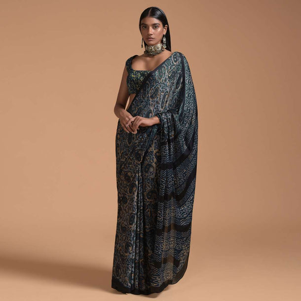 Midnight Blue And Beige Saree In Georgette With Paisley Print All Over Online - Kalki Fashion