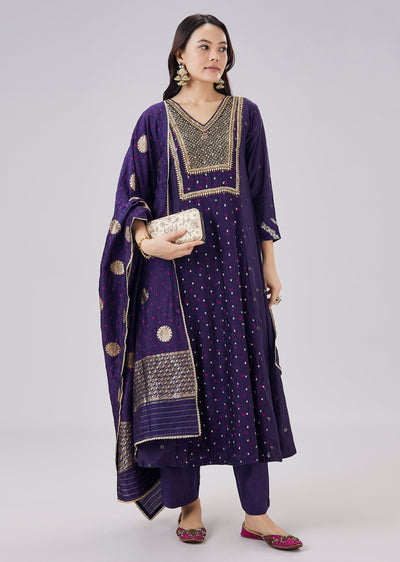 Midnight Blue Banarasi Bandhani Silk Anarkali With Mukaish Work