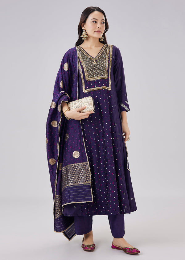 Midnight Blue Banarasi Silk Embellished Anarkali Set