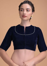 Midnight Blue Blouse In Velvet With A Zari Lace Defining The Neckline