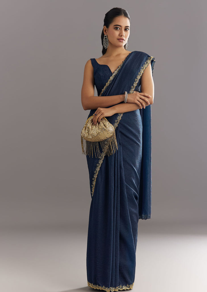 Midnight Blue Crushed Tissue Saree With Stones Cutdana Embroidered Scallop Border
