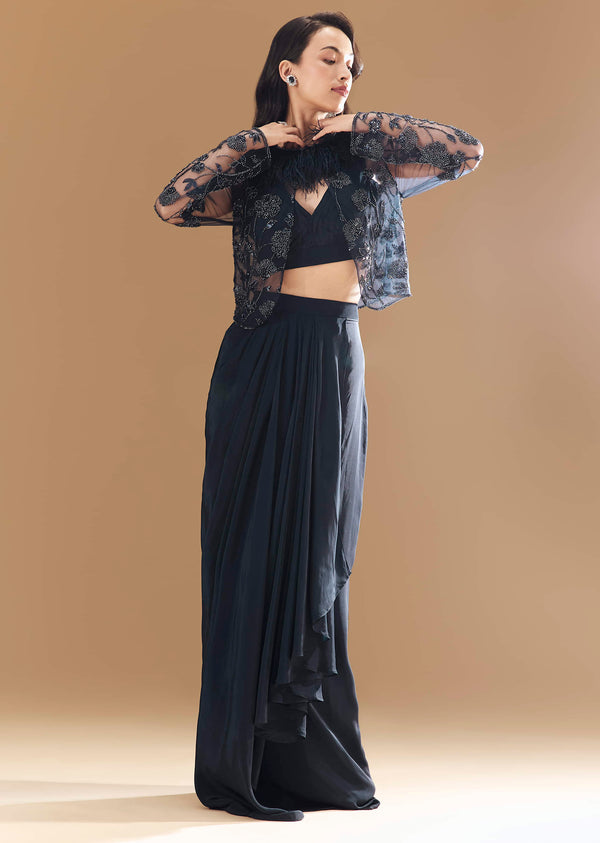 Midnight Blue Crop Top And Skirt Set With Feather-Trimmed Embroidered Jacket