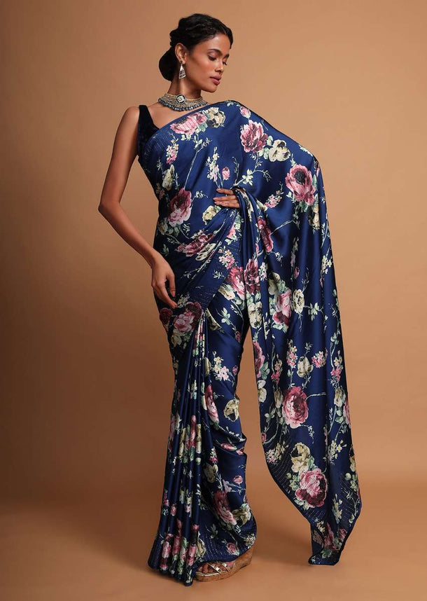 Midnight blue floral digital printed saree along  with kundan work