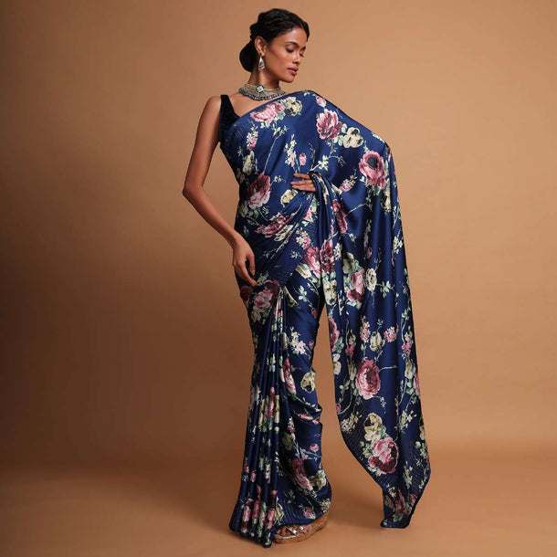 Midnight blue floral digital printed saree along  with kundan work