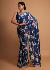 Midnight blue floral digital printed saree along  with kundan work