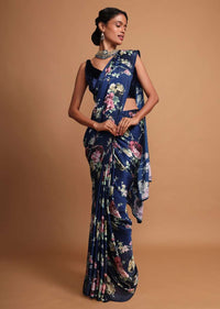 Midnight blue floral digital printed saree along  with kundan work