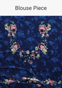 Midnight blue floral digital printed saree along  with kundan work