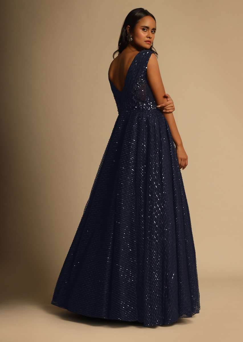 Midnight Blue Gown In Sequins Embellished Net With Ruching In The Front And Sheer Sides