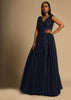 Midnight Blue Gown In Sequins Embellished Net With Ruching In The Front And Sheer Sides