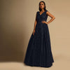 Midnight Blue Gown In Sequins Embellished Net With Ruching In The Front And Sheer Sides