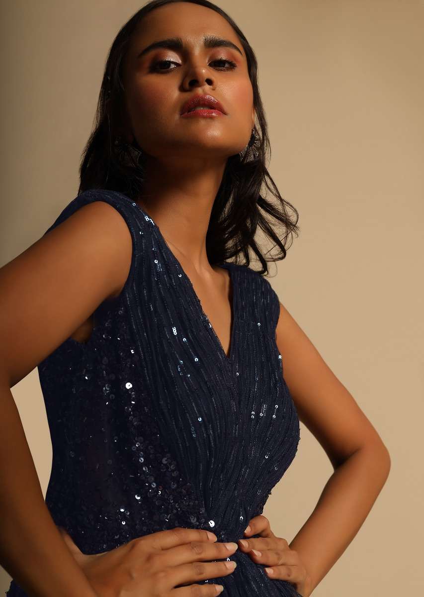 Midnight Blue Gown In Sequins Embellished Net With Ruching In The Front And Sheer Sides
