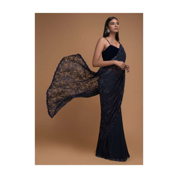 Midnight Blue Half And Half Saree In Crepe And Floral Lace With Kundan Buttis Online - Kalki Fashion