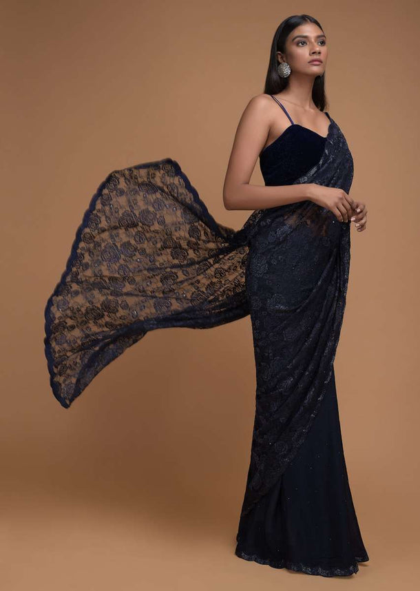 Midnight Blue Half And Half Saree In Crepe And Floral Lace With Kundan Buttis Online - Kalki Fashion