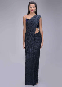 Midnight blue lace saree with matching raw silk blouse piece only on Kalki