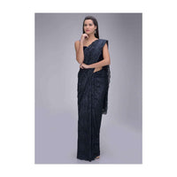 Midnight blue lace saree with matching raw silk blouse piece only on Kalki