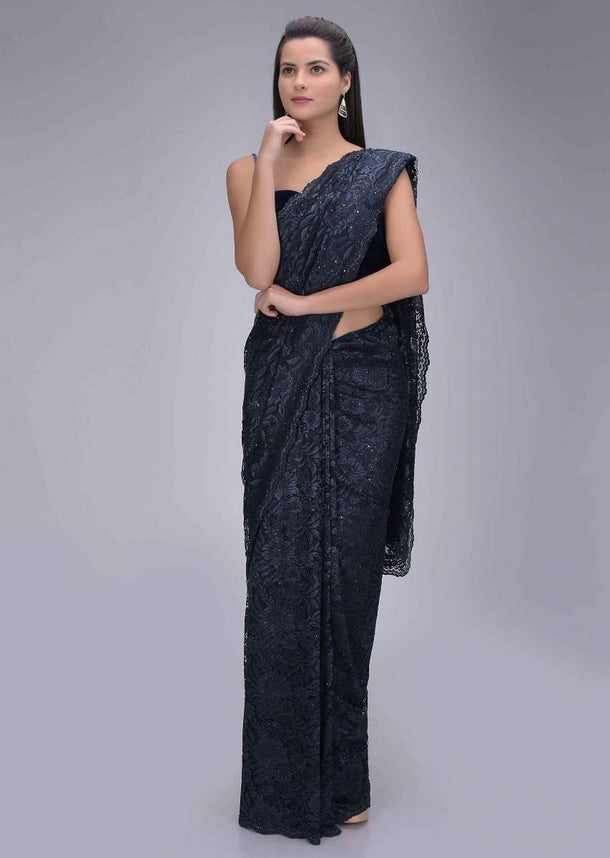 Midnight blue lace saree with matching raw silk blouse piece only on Kalki