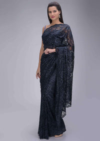 Midnight blue lace saree with matching raw silk blouse piece only on Kalki