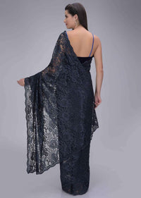 Midnight blue lace saree with matching raw silk blouse piece only on Kalki