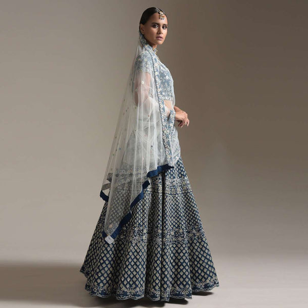 Midnight Blue Lehenga Choli In Raw Silk With Thread And Sequins Embroidered Buttis And Floral Design