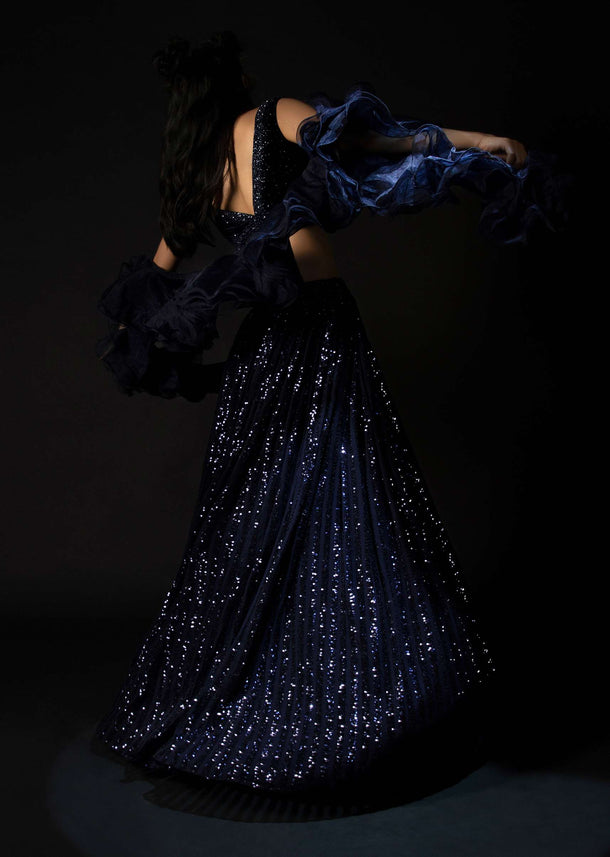 Midnight Blue Lehenga In Striped Sequins With Hand Embroidered Velvet Crop Top And Ruffle Dupatta