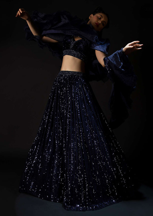 Midnight Blue Lehenga In Striped Sequins With Hand Embroidered Velvet Crop Top And Ruffle Dupatta