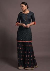 Midnight Blue Mirror Embroidered Sharara Suit With Zari And Thread Work