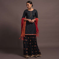 Midnight Blue Mirror Embroidered Sharara Suit With Zari And Thread Work