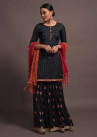 Midnight Blue Mirror Embroidered Sharara Suit With Zari And Thread Work