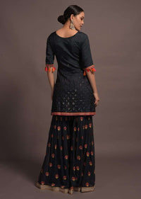 Midnight Blue Mirror Embroidered Sharara Suit With Zari And Thread Work