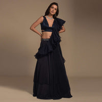 Midnight Blue Plain Lehenga And Crop Top Set With Plunging Trapeze Neckline And Ruffle Dupatta  Online - Kalki Fashion