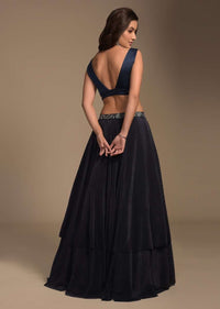 Midnight Blue Plain Lehenga And Crop Top Set With Plunging Trapeze Neckline And Ruffle Dupatta  Online - Kalki Fashion