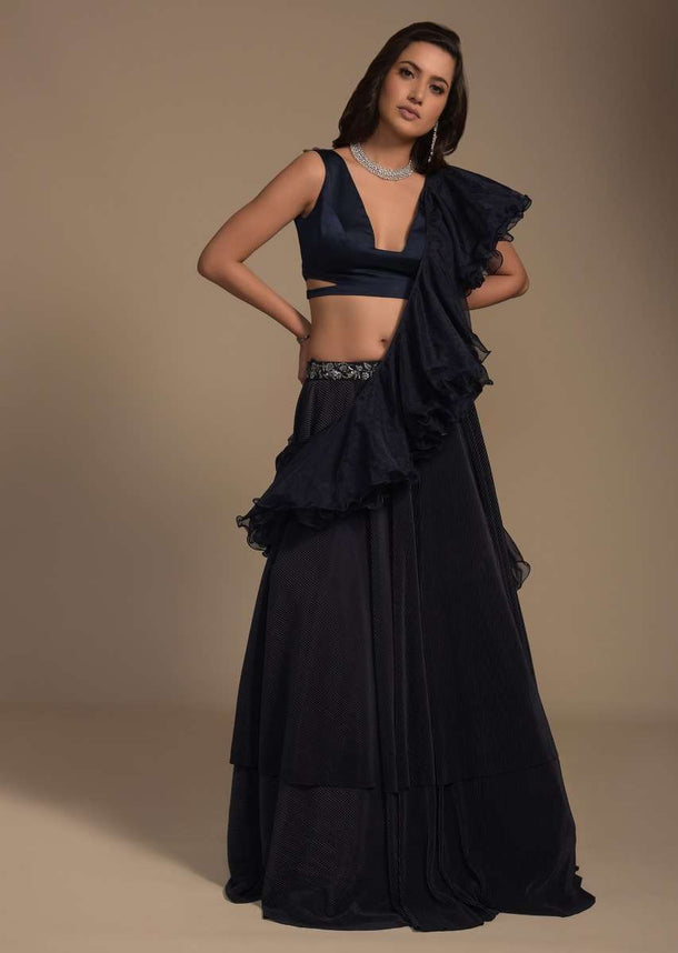 Midnight Blue Plain Lehenga And Crop Top Set With Plunging Trapeze Neckline And Ruffle Dupatta  Online - Kalki Fashion