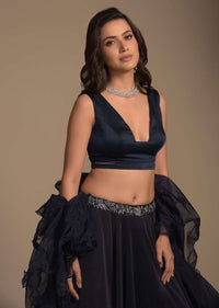 Midnight Blue Plain Lehenga And Crop Top Set With Plunging Trapeze Neckline And Ruffle Dupatta  Online - Kalki Fashion