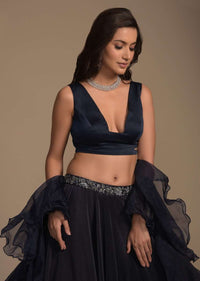 Midnight Blue Plain Lehenga And Crop Top Set With Plunging Trapeze Neckline And Ruffle Dupatta  Online - Kalki Fashion