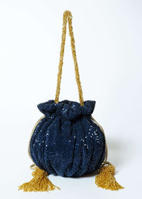 Midnight Blue Potli Bag In Sequins Fabric With Cut Dana Tassels And Handle By Solasta