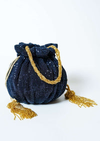 Midnight Blue Potli Bag In Sequins Fabric With Cut Dana Tassels And Handle By Solasta