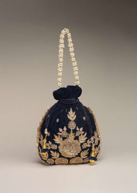 Midnight Blue Potli Bag In Velvet With Hand Embroidered Floral Motif Using Sequins And Zardosi