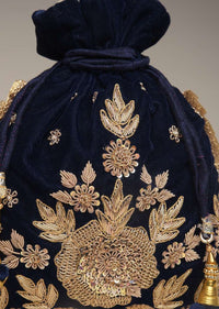 Midnight Blue Potli Bag In Velvet With Hand Embroidered Floral Motif Using Sequins And Zardosi
