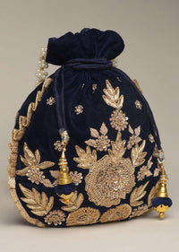 Midnight Blue Potli Bag In Velvet With Hand Embroidered Floral Motif Using Sequins And Zardosi