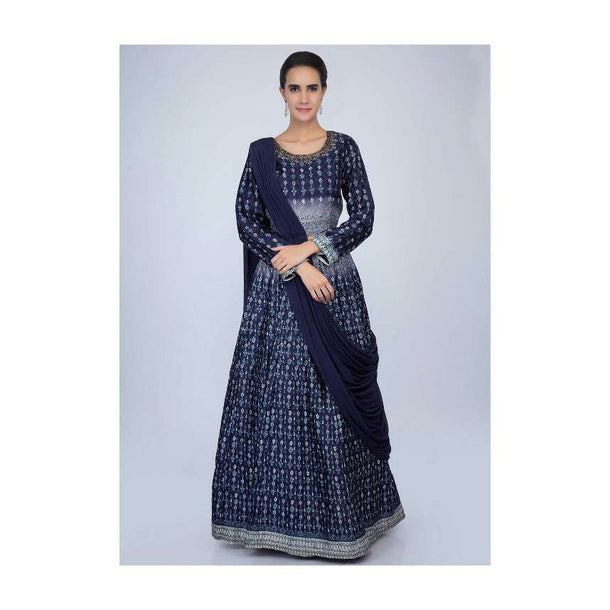 Midnight Blue Lehenga In Printed Raw Silk With Matching Blouse With Attached Drape Lycra Dupatta Online - Kalki Fashion