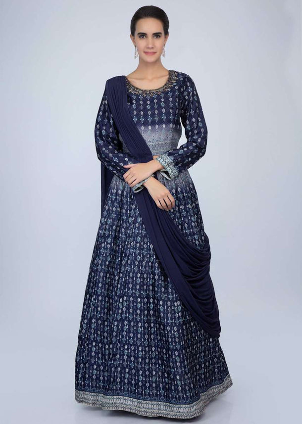 Midnight Blue Lehenga In Printed Raw Silk With Matching Blouse With Attached Drape Lycra Dupatta Online - Kalki Fashion