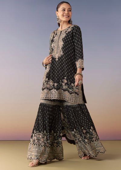 Midnight Blue Printed Sharara Suit Set With Dupatta