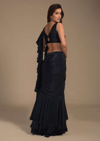 Midnight Blue Ready Pleated Ruffle Saree And Sequins Blouse With Front Cut Out